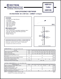 HER102 datasheet: High efficiency rectifier. Max recurrent peak reverse voltage 100V, max RMS voltage 70V, max DC blocking voltage 100V. Max average forward recttified current 1.0A at 50degreC. HER102
