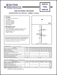 HER105 datasheet: High efficiency rectifier. Max recurrent peak reverse voltage 400V, max RMS voltage 280V, max DC blocking voltage 400V. Max average forward recttified current 1.0A at 50degreC. HER105