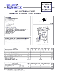 HER1603C datasheet: High efficiency rectifier. Max recurrent peak reverse voltage 200V, max RMS voltage 140V, max DC blocking voltage 200V. Max average forward recttified current 16.0A at 75degreC. HER1603C