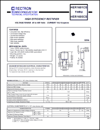 HER1605PCS datasheet: High efficiency rectifier. Max recurrent peak reverse voltage 400V, max RMS voltage 280V, max DC blocking voltage 400V. Max average forward recttified current 16.0A at 75degreC. HER1605PCS