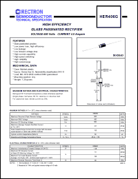 HER406G datasheet: High efficiency glass passivated rectifier. Max recurrent peak reverse voltage 600V, max RMS voltage 420V, max DC blocking voltage 600V. Max average forward recttified current 4.0A at 50degreC. HER406G