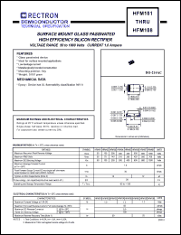 HFM105 datasheet: Surface mount glass passivated high efficiency silicon rectifier. Max recurrent peak reverse voltage 400V, max RMS voltage 280V, max DC blocking voltage 400V. Max average forward recttified current 1.0A at 50degreC. HFM105