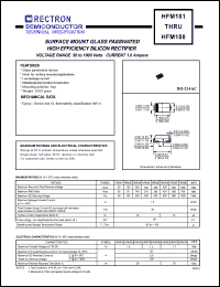 HFM106 datasheet: Surface mount glass passivated high efficiency silicon rectifier. Max recurrent peak reverse voltage 600V, max RMS voltage 420V, max DC blocking voltage 600V. Max average forward recttified current 1.0A at 50degreC. HFM106