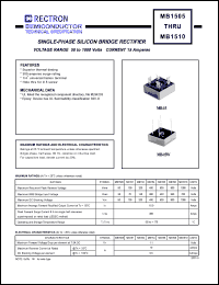 MB1505 datasheet: Single-phase silicon bridge rectifier. Max recurrent peak reverse voltage 50V, max RMS bridge input voltage 35V, max DC blocking voltage 50V. Max average forward rectified output current 15A at Tc=55degC. MB1505