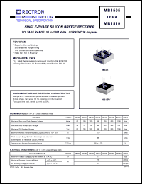 MB151 datasheet: Single-phase silicon bridge rectifier. Max recurrent peak reverse voltage 100V, max RMS bridge input voltage 70V, max DC blocking voltage 100V. Max average forward rectified output current 15A at Tc=55degC. MB151