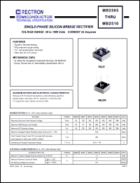 MB258 datasheet: Single-phase silicon bridge rectifier. Max recurrent peak reverse voltage 800V, max RMS bridge input voltage 560V, max DC blocking voltage 800V. Max average forward rectified output current 25A at Tc=55degC. MB258
