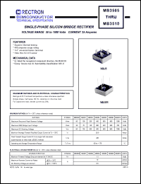 MB351 datasheet: Single-phase silicon bridge rectifier. Max recurrent peak reverse voltage 100V, max RMS bridge input voltage 70V, max DC blocking voltage 100V. Max average forward rectified output current 35A at Tc=55degC. MB351