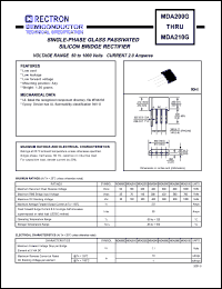 MDA210G datasheet: Single-phase glass passivated silicon bridge rectifier. Max recurrent peak reverse voltage 1000V, max RMS bridge input voltage 700V, max DC blocking voltage 1000V. Max average forward output current 2.0A at Ta=50degC. MDA210G