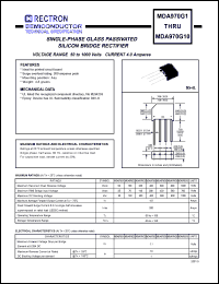 MDA970G5 datasheet: Single-phase glass passivated silicon bridge rectifier. Max recurrent peak reverse voltage 400V, max RMS bridge input voltage 280V, max DC blocking voltage 400V. Max average forward output current 4.0A at Ta=75degC. MDA970G5