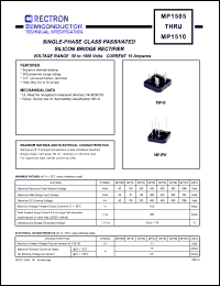 MP1505 datasheet: Single-phase glass passivated silicon bridge rectifier. Max recurrent peak reverse voltage 50V, max RMS bridge input voltage 35V, max DC blocking voltage 50V. Max average forward output current 15.0A at Tc=55degC. MP1505