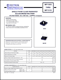 MP156 datasheet: Single-phase glass passivated silicon bridge rectifier. Max recurrent peak reverse voltage 600V, max RMS bridge input voltage 420V, max DC blocking voltage 600V. Max average forward output current 15.0A at Tc=55degC. MP156
