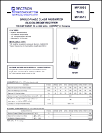 MP352 datasheet: Single-phase glass passivated silicon bridge rectifier. Max recurrent peak reverse voltage 200V, max RMS bridge input voltage 140V, max DC blocking voltage 200V. Max average forward output current 35.0A at Tc=55degC. MP352