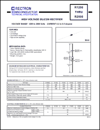 R1200 datasheet: High voltage silicon rectifier. Max recurrent peak reverse voltage 1200V, max RMS  voltage 840V, max DC blocking voltage 1200V. Max average forward rectified current 500mA at Ta=50degC. R1200