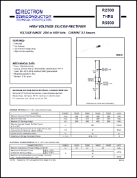 R2500 datasheet: High voltage silicon rectifier. Max recurrent peak reverse voltage 2500V, max RMS  voltage 1750V, max DC blocking voltage 2500V. Max average forward rectified current 200mA at Ta=50degC. R2500