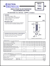RB154 datasheet: Single-phase glass passivated silicon bridge rectifier. Max recurrent peak reverse voltage 400V, max RMS bridge input voltage 280V, max DC blocking voltage 400V. Max average forward rectified current 1.5A at Ta=25degC. RB154