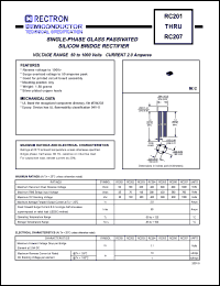 RC201 datasheet: Single-phase glass passivated silicon bridge rectifier. Max recurrent peak reverse voltage 50V, max RMS bridge input voltage 35V, max DC blocking voltage 50V. Max average forward rectified current 2.0A at Ta=25degC. RC201