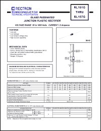 RL156G datasheet: Glass passivated junction plastic rectifier. Max recurrent peak reverse voltage 800V, max RMS bridge input voltage 560V, max DC blocking voltage 800V. Max average forward rectified current 1.5A at Ta=75degC. RL156G