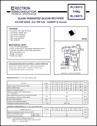 RL1604C datasheet: Glass passivated silicon rectifier. Max recurrent peak reverse voltage 400V, max RMS bridge input voltage 280V, max DC blocking voltage 400V. Max average forward rectified current 16.0A at Tc=100degC. RL1604C