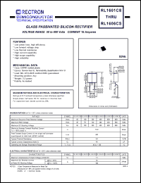 RL1601CS datasheet: Glass passivated silicon rectifier. Max recurrent peak reverse voltage 50V, max RMS voltage 35V, max DC blocking voltage 50V. Max average forward rectified current 16.0A at Tc=100degC. RL1601CS