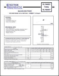 RL1N4001 datasheet: Silicon rectifier. Max recurrent peak reverse voltage 50V, max RMS voltage 35V, max DC blocking voltage 50V. Max average forward current 1.0A at Ta=55degC. RL1N4001