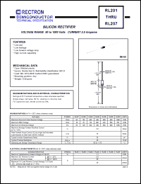 RL202 datasheet: Silicon rectifier. Max recurrent peak reverse voltage 100V, max RMS voltage 70V, max DC blocking voltage 100V. Max average forward current 2.0A at Ta=75degC. RL202