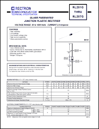 RL203G datasheet: Glass passivated junction plastic rectifier. Max recurrent peak reverse voltage 200V, max RMS voltage 140V, max DC blocking voltage 200V. Max average forward rectified current 2.0A at Ta=75degC. RL203G