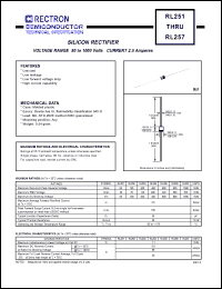 RL256 datasheet: Silicon rectifier. Max recurrent peak reverse voltage 800V, max RMS voltage 560V, max DC blocking voltage 800V. Max average forward rectified current 2.5A at Ta=75degC. RL256