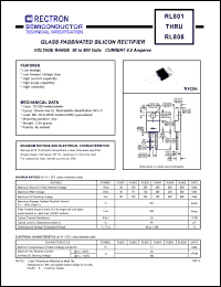 RL801 datasheet: Glass passivated silicon rectifier. Max recurrent peak reverse voltage 50V, max RMS voltage 35V, max DC blocking voltage 50V. Max average forward rectified current 8.0A at Tc=100degC. RL801