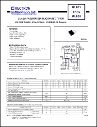 RL803 datasheet: Glass passivated silicon rectifier. Max recurrent peak reverse voltage 200V, max RMS voltage 140V, max DC blocking voltage 200V. Max average forward rectified current 8.0A at Tc=100degC. RL803
