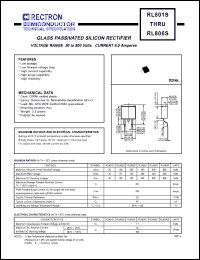 RL805S datasheet: Glass passivated silicon rectifier. Max recurrent peak reverse voltage 600V, max RMS voltage 420V, max DC blocking voltage 600V. Max average forward rectified current 8.0A at Tc=100degC. RL805S