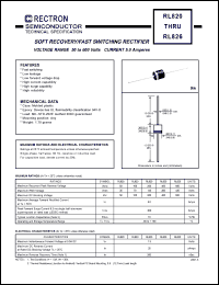 RL820 datasheet: Soft recovery/fast switching rectifier. Max recurrent peak reverse voltage 50V, max RMS voltage 35V, max DC blocking voltage 50V. Max average forward rectified current 5.0A at Ta=55degC. RL820