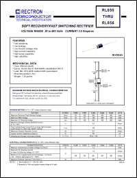 RL854 datasheet: Soft recovery/fast switching rectifier. Max recurrent peak reverse voltage 400V, max RMS voltage 280V, max DC blocking voltage 400V. Max average forward rectified current 3.0A at Ta=90degC. RL854