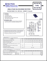 RS1001M datasheet: Single-phase silicon bridge rectifier. Max recurrent peak reverse voltage 50V, max RMS voltage 35V, max DC blocking voltage 50V. Max average forward rectified current 10A at Tc=100degC. RS1001M