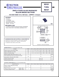 RS107 datasheet: Single-phase glass passivated silicon bridge rectifier. Max recurrent peak reverse voltage 100V, max RMS bridge input voltage 700V, max DC blocking voltage 1000V. Max average forward output current 1.0A at Ta=50degC. RS107