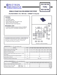 RS1503M datasheet: Single-phase silicon bridge rectifier. Max recurrent peak reverse voltage 200V, max RMS bridge input voltage 140V, max DC blocking voltage 200V. Max average forward rectified output current 15.0A at Tc=100degC with heatsink.. RS1503M