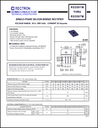 RS2005M datasheet: Single-phase silicon bridge rectifier. Max recurrent peak reverse voltage 600V, max RMS bridge input voltage 420V, max DC blocking voltage 600V. Max average forward rectified output current 20.0A at Tc=100degC with heatsink.. RS2005M