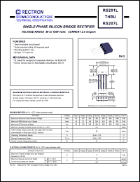 RS203L datasheet: Single-phase silicon bridge rectifier. Max recurrent peak reverse voltage 200V, max RMS bridge input voltage 140V, max DC blocking voltage 200V. Max average forward output current 2.0A at Ta=50degC RS203L