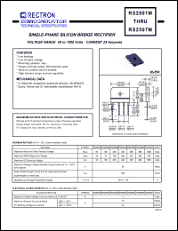 RS2501M datasheet: Single-phase silicon bridge rectifier. Max recurrent peak reverse voltage 50V, max RMS bridge input voltage 35V, max DC blocking voltage 50V. Max average forward rectified output current 25.0A at Tc=100degC with heatsink. RS2501M