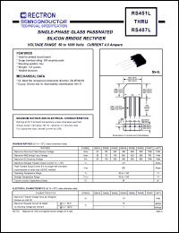 RS407L datasheet: Single-phase glass passivated silicon bridge rectifier. Max recurrent peak reverse voltage 1000V, max RMS bridge input voltage 700V, max DC blocking voltage 1000V. Max average forward output current 4.0A at Ta=75degC RS407L