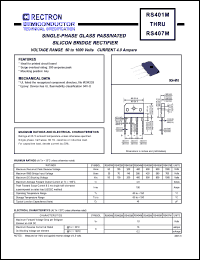 RS401M datasheet: Single-phase glass passivated silicon bridge rectifier. Max recurrent peak reverse voltage 50V, max RMS bridge input voltage 35V, max DC blocking voltage 50V. Max average forward output current 4.0A at Tc=100degC RS401M