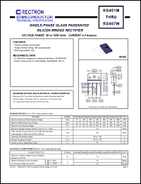 RS407M datasheet: Single-phase glass passivated silicon bridge rectifier. Max recurrent peak reverse voltage 1000V, max RMS bridge input voltage 700V, max DC blocking voltage 1000V. Max average forward output current 4.0A at Tc=100degC RS407M