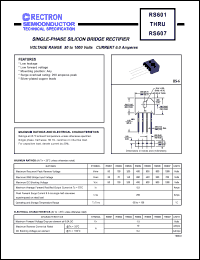 RS601 datasheet: Single-phase silicon bridge rectifier. Max recurrent peak reverse voltage 50V, max RMS bridge input voltage 35V, max DC blocking voltage 50V. Max average forward output current 6.0A at Tc=75degC RS601