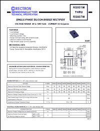 RS801M datasheet: Single-phase silicon bridge rectifier. Max recurrent peak reverse voltage 50V, max RMS bridge input voltage 35V, max DC blocking voltage 50V. Max average forward rectified output current 8.0A at Tc=75degC RS801M
