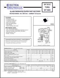 SF165C datasheet: Glass passivated super fast rectifier. Max recurrent peak reverse voltage 300V, max RMS voltage 210V, max DC blocking voltage 300V. Max average forward rectified current 16.0A at Tc=125degC SF165C