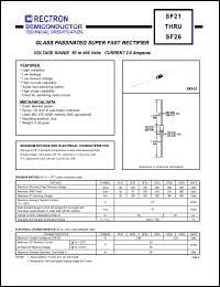 SF24 datasheet: Glass passivated super fast rectifier. Max recurrent peak reverse voltage 200V, max RMS voltage 140V, max DC blocking voltage 200V. Max average forward current 2.0A at Ta=55degC SF24