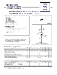 SF32 datasheet: Glass passivated super fast rectifier. Max recurrent peak reverse voltage 100V, max RMS voltage 70V, max DC blocking voltage 100V. Max average forward current 3.0A at Ta=55degC SF32