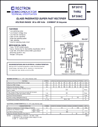 SF303C datasheet: Glass passivated super fast rectifier. Max recurrent peak reverse voltage 150V, max RMS voltage 105V, max DC blocking voltage 150V. Max average forward recftified current 30.0A at Tc=100degC SF303C