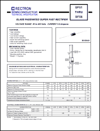 SF51 datasheet: Glass passivated super fast rectifier. Max recurrent peak reverse voltage 50V, max RMS voltage 35V, max DC blocking voltage 50V. Max average forward recftified current 5.0A at Ta=55degC SF51