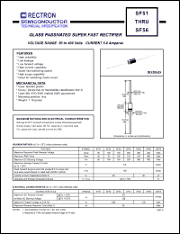 SF53 datasheet: Glass passivated super fast rectifier. Max recurrent peak reverse voltage 150V, max RMS voltage 105V, max DC blocking voltage 150V. Max average forward recftified current 5.0A at Ta=55degC SF53