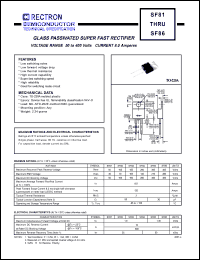 SF86 datasheet: Glass passivated super fast rectifier. Max recurrent peak reverse voltage 400V, max RMS voltage 280V, max DC blocking voltage 400V. Max average forward recftified current 8.0A at Tc=100degC SF86